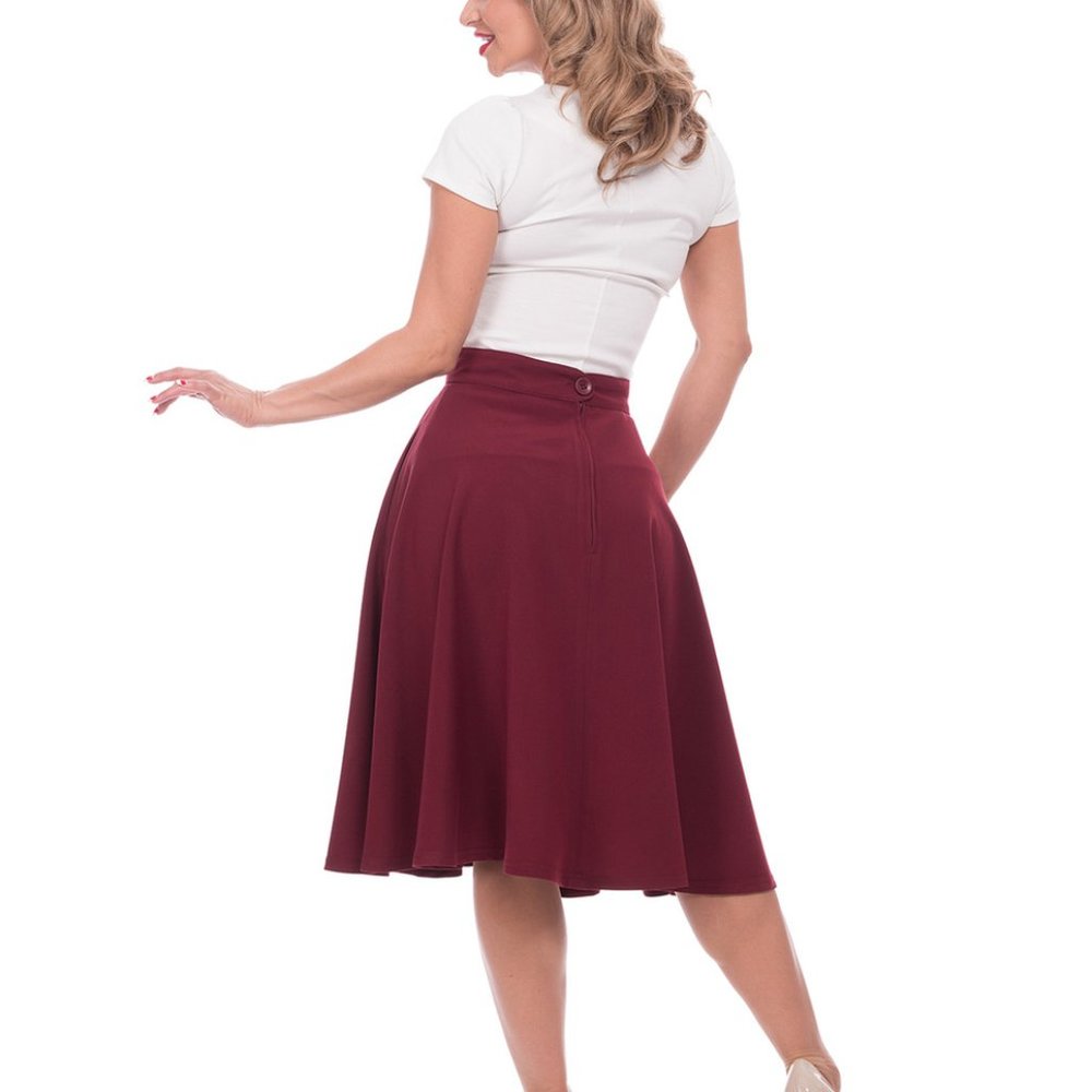 NWT XS/SM Rocksteady Burgundy Retro High Waist Thrills Skirt w/ Pockets Modcloth - Picture 3 of 4